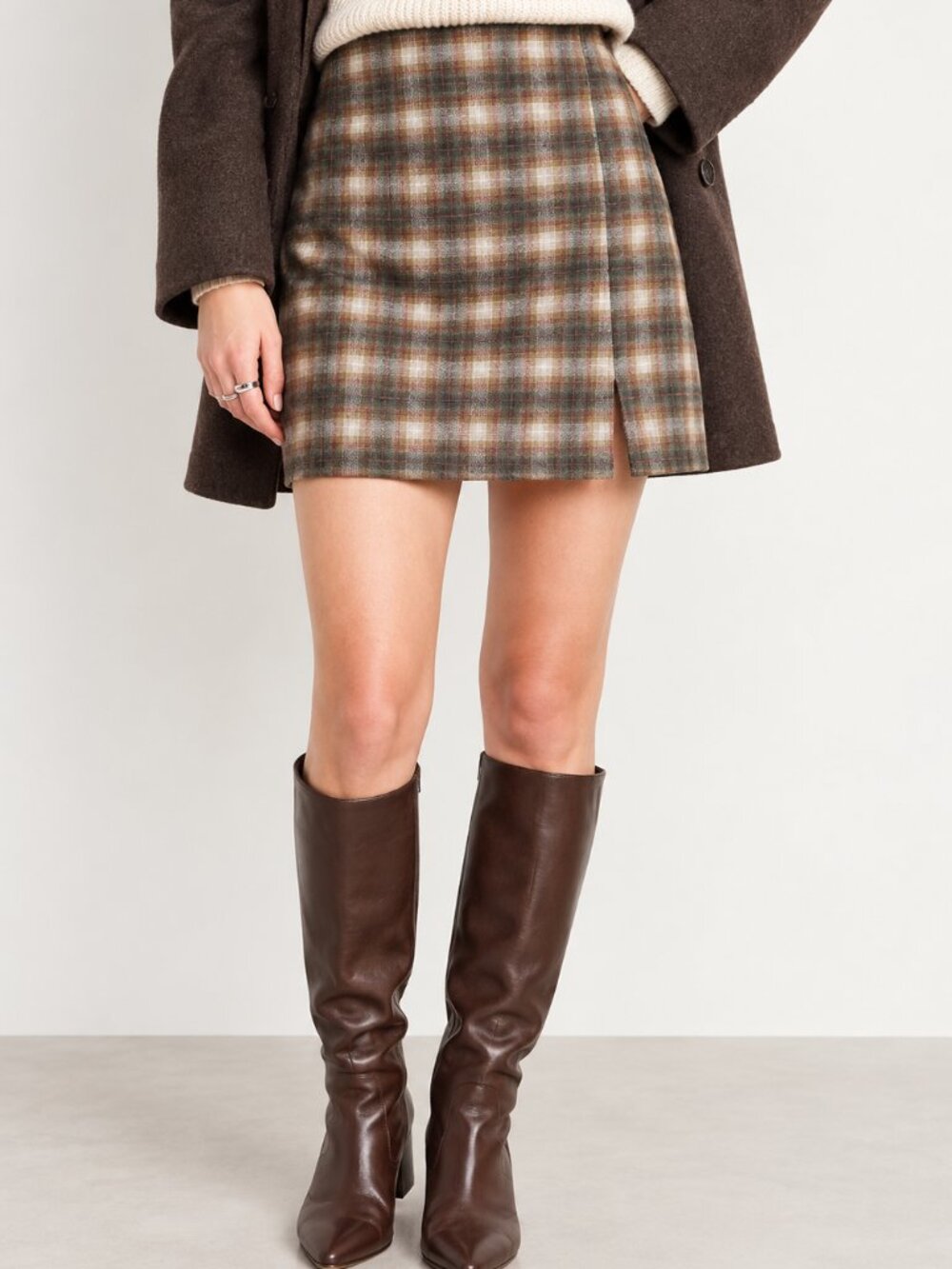 Plaid Mini Skirt Brown Beige and Grey Flannel A-Line Old Navy Preppy Office Fall